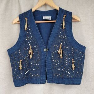 Monique Fashions Denim Jean Boho Vintage Studded Beaded Fringe Vest Western